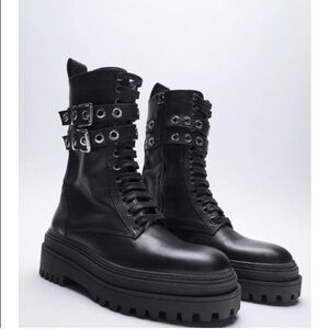 ZARA Black Leather Lace-Up Boots SIZE 8